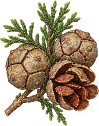 The drawing: cypress, cone cluster
