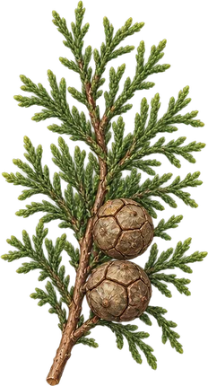 The drawing: cypress, leafy twig with cones