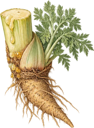 The drawing: galbanum, cut stem base with resin