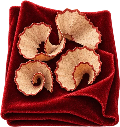 The drawing: pencil shavings on velvet, curls on folded velvet