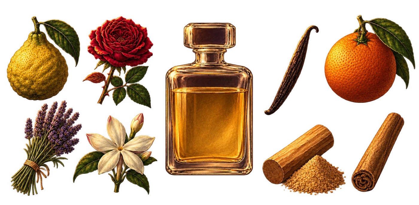A glass perfume bottle with eight raw materials of perfume set out beside it
