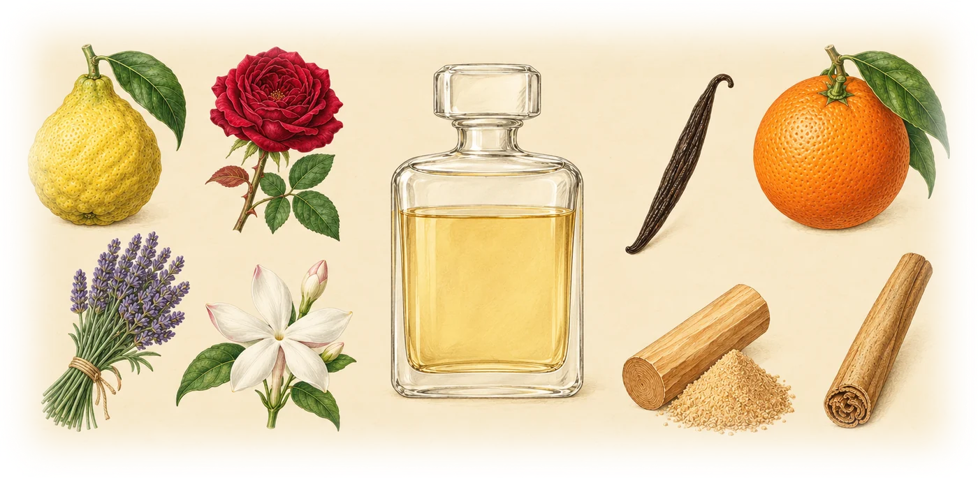A glass perfume bottle with eight raw materials of perfume set out beside it