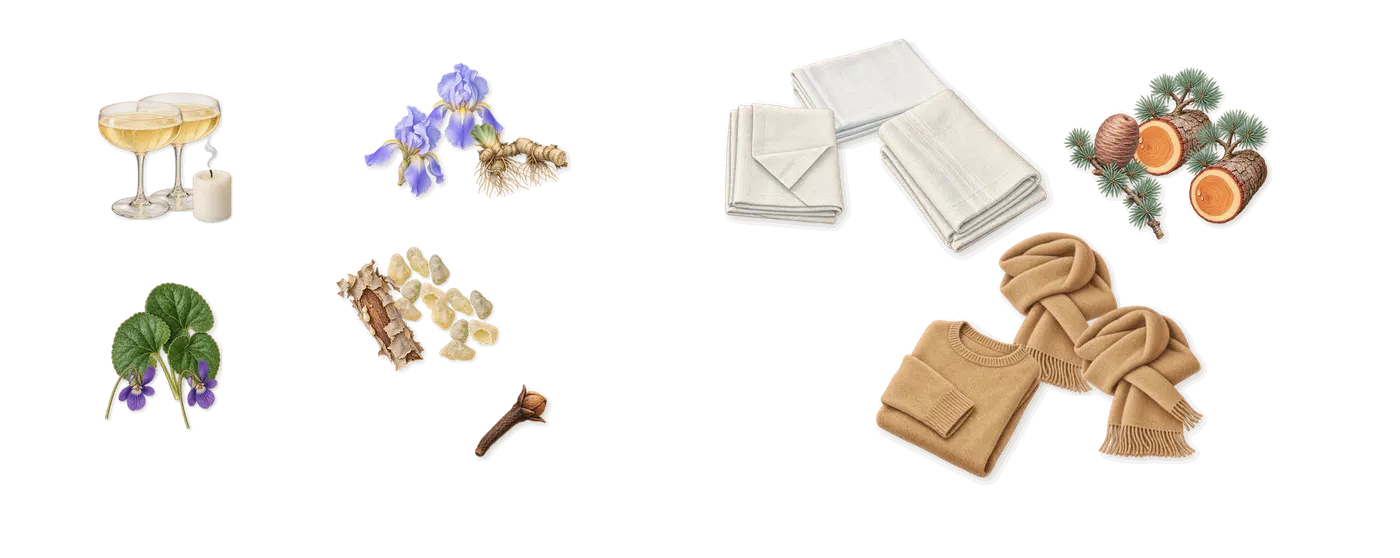 #Hashtag’s scent picture, a draft: aldehydes, violet, iris, frankincense, cedar, musk drawn so far; dashed outlines where nothing is drawn yet