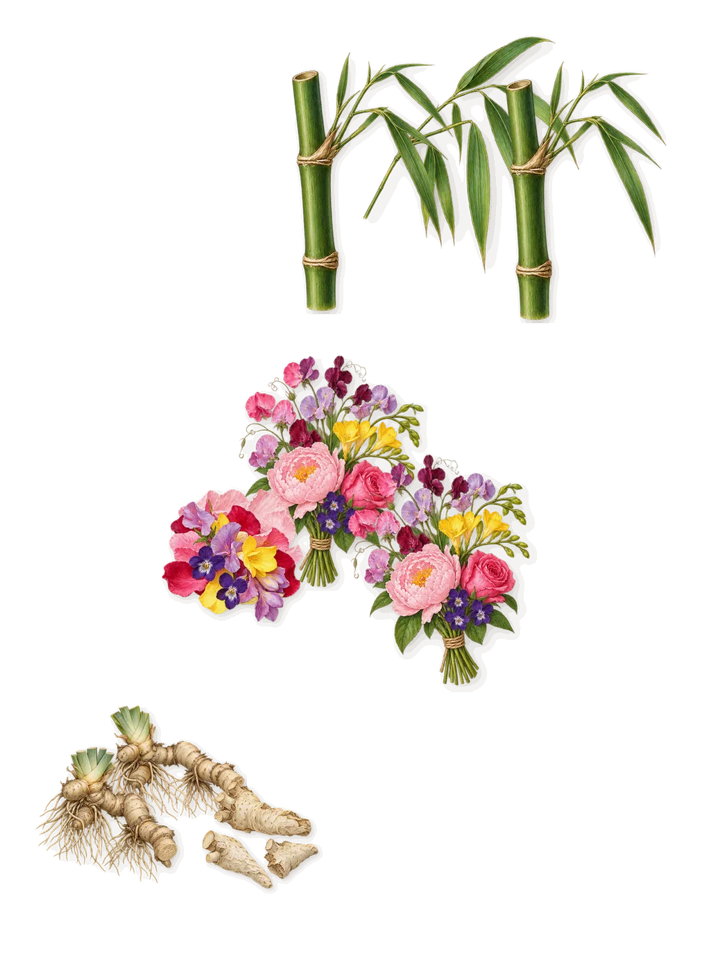 Per Sē, as it settles: Bamboo, Iris, Floral bouquet