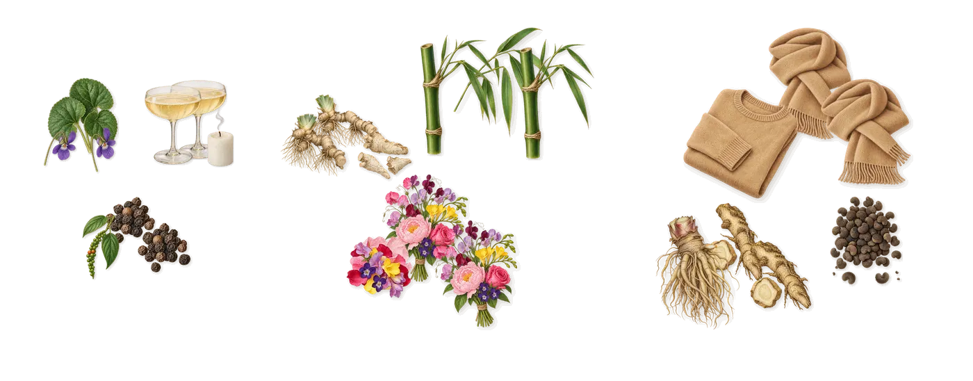 Per Sē’s scent picture, a draft: violet, black pepper, aldehydes, bamboo, iris, floral bouquet drawn so far; dashed outlines where nothing is drawn yet