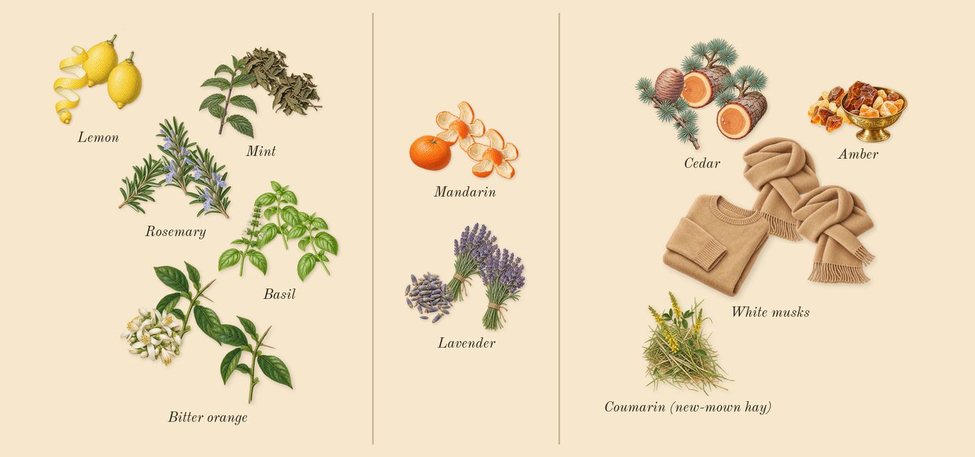 Buongiorno’s scent picture, a draft: lemon, mint, rosemary, basil, bitter orange, lavender drawn so far; dashed outlines where nothing is drawn yet