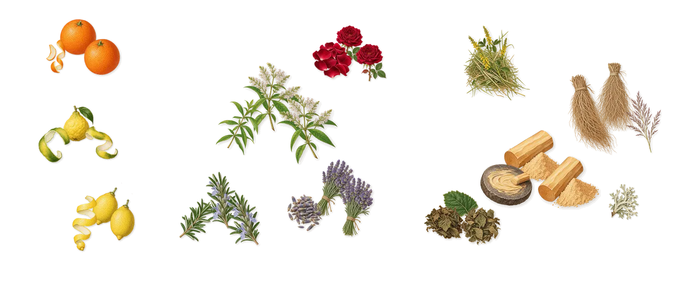 Colonia’s scent picture, a draft: lemon, sweet orange, bergamot, lavender, rose, lemon verbena drawn so far; dashed outlines where nothing is drawn yet