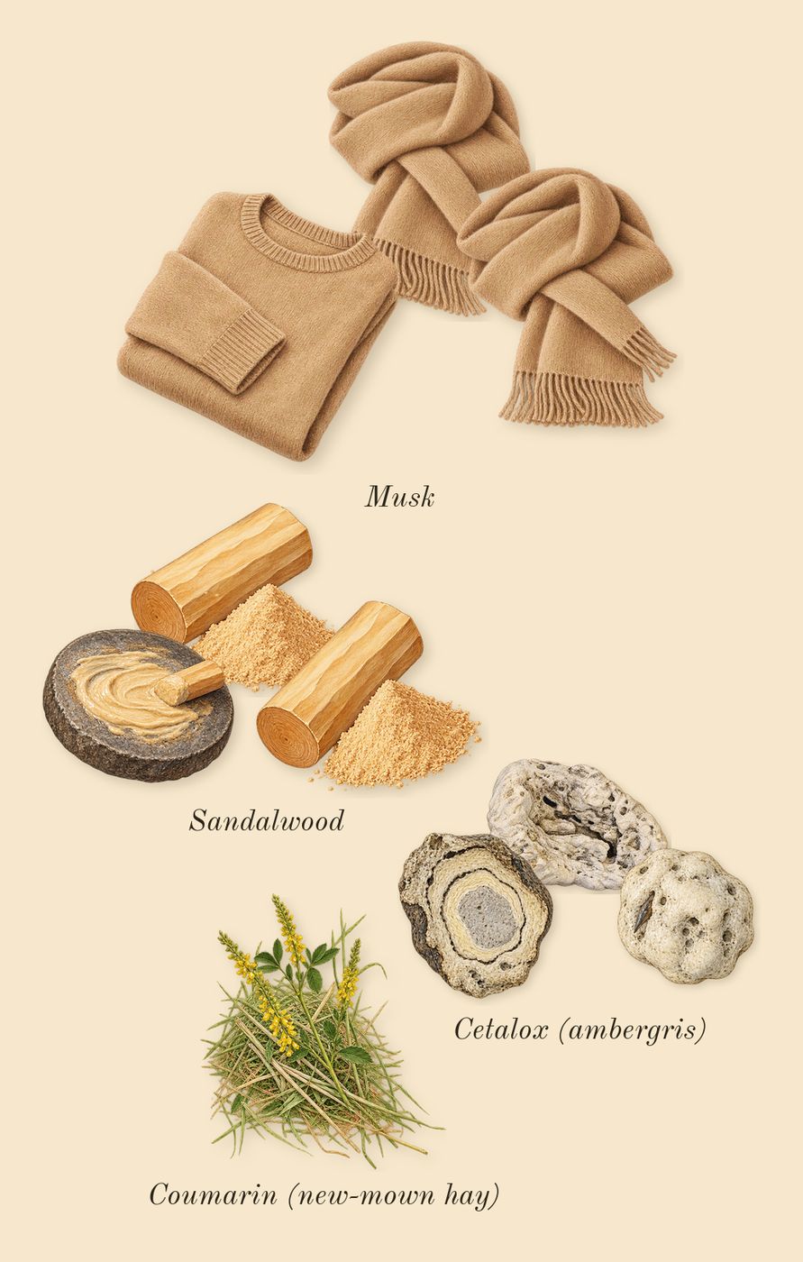 Fleur de Peony, dry-down: Sandalwood, Cetalox (ambergris), Musk, Coumarin (new-mown hay)