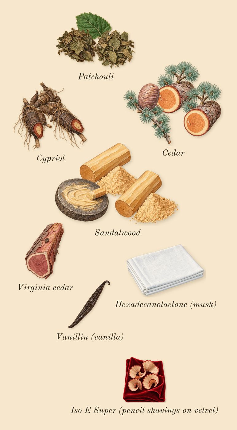 Entirely Aurner, dry-down: Sandalwood, Cedar, Cypriol, Patchouli, Virginia cedar, Iso E Super (pencil shavings on velvet), Vanillin (vanilla), Hexadecanolactone (musk)
