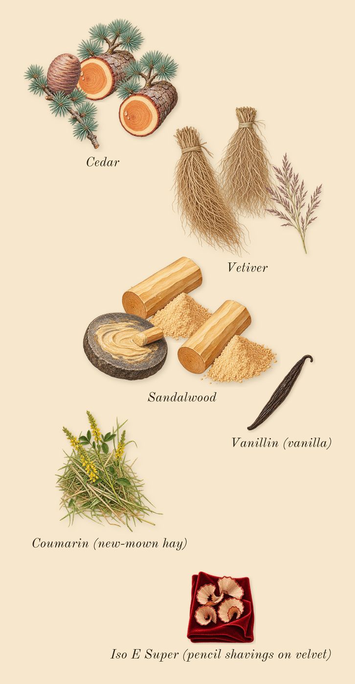 Eternal Karst, dry-down: Vetiver, Sandalwood, Cedar, Iso E Super (pencil shavings on velvet), Vanillin (vanilla), Coumarin (new-mown hay)