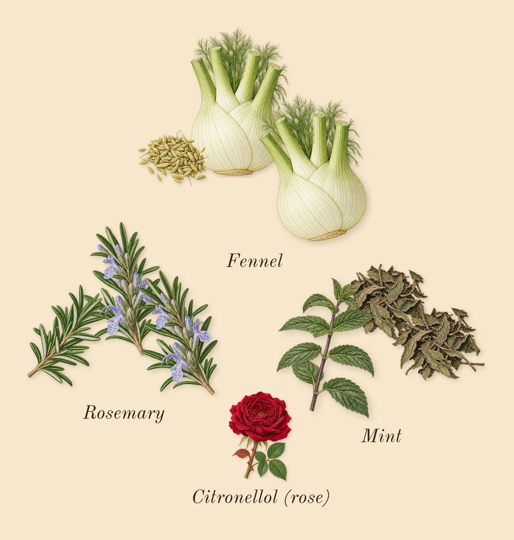 Tacit Truths, heart: Rosemary, Mint, Fennel, Citronellol (rose)