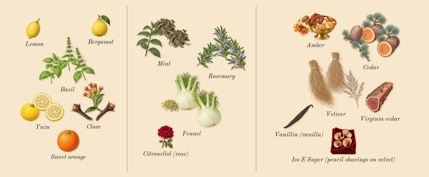 Tacit Truths’s scent picture, a draft: yuzu, basil, clove, rosemary, mint, fennel drawn so far; dashed outlines where nothing is drawn yet