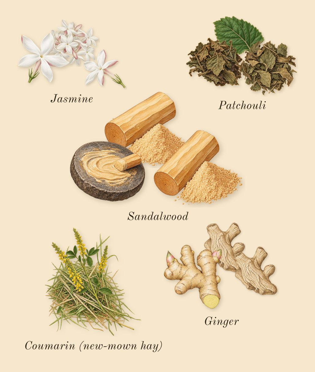 9 AM Dive, dry-down: Patchouli, Jasmine, Ginger, Sandalwood, Coumarin (new-mown hay)