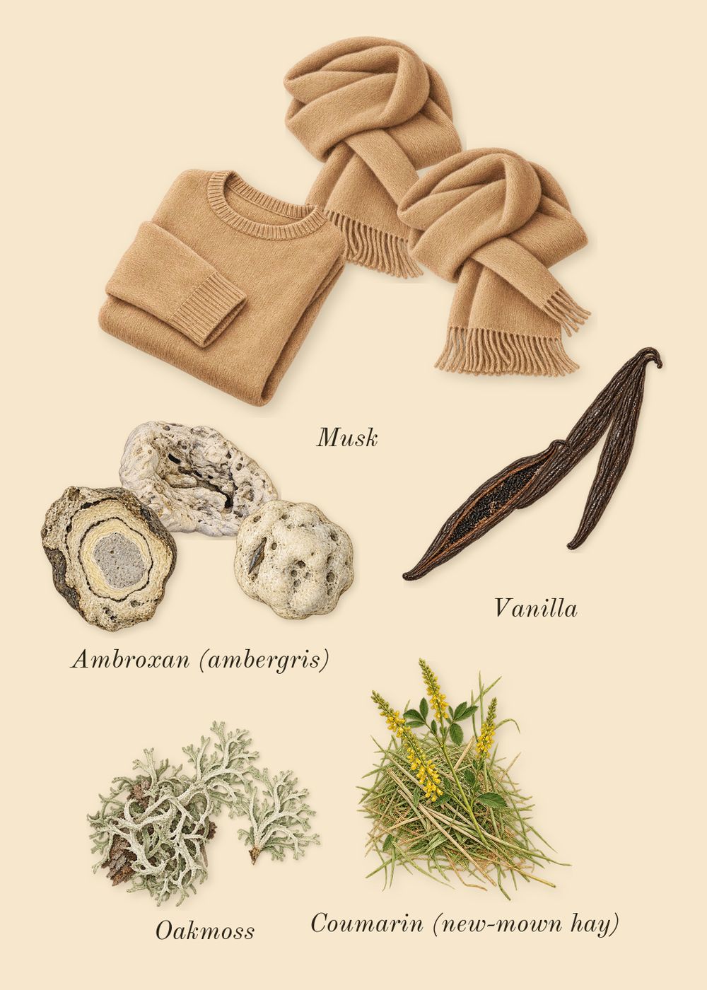 Mystique Bouquet, dry-down: Ambroxan (ambergris), Musk, Vanilla, Oakmoss, Coumarin (new-mown hay)