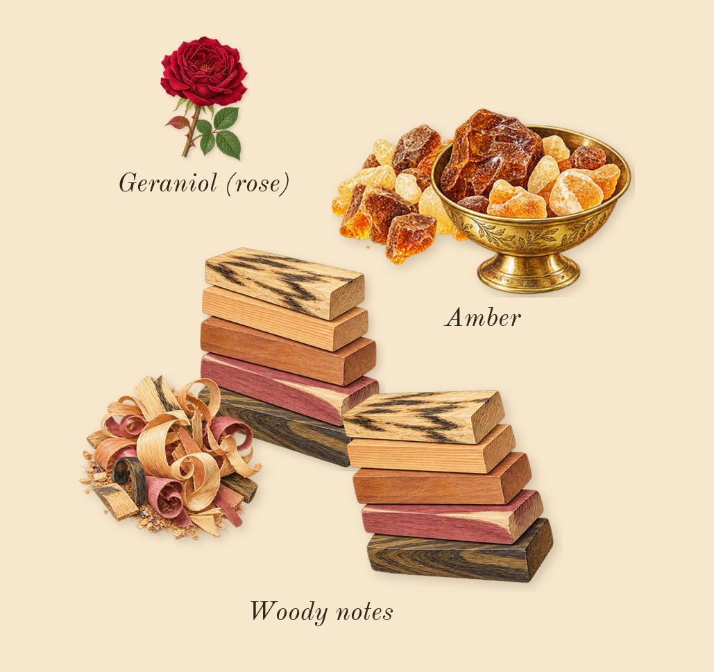 Turathi Blue, heart: Amber, Woody notes, Geraniol (rose)