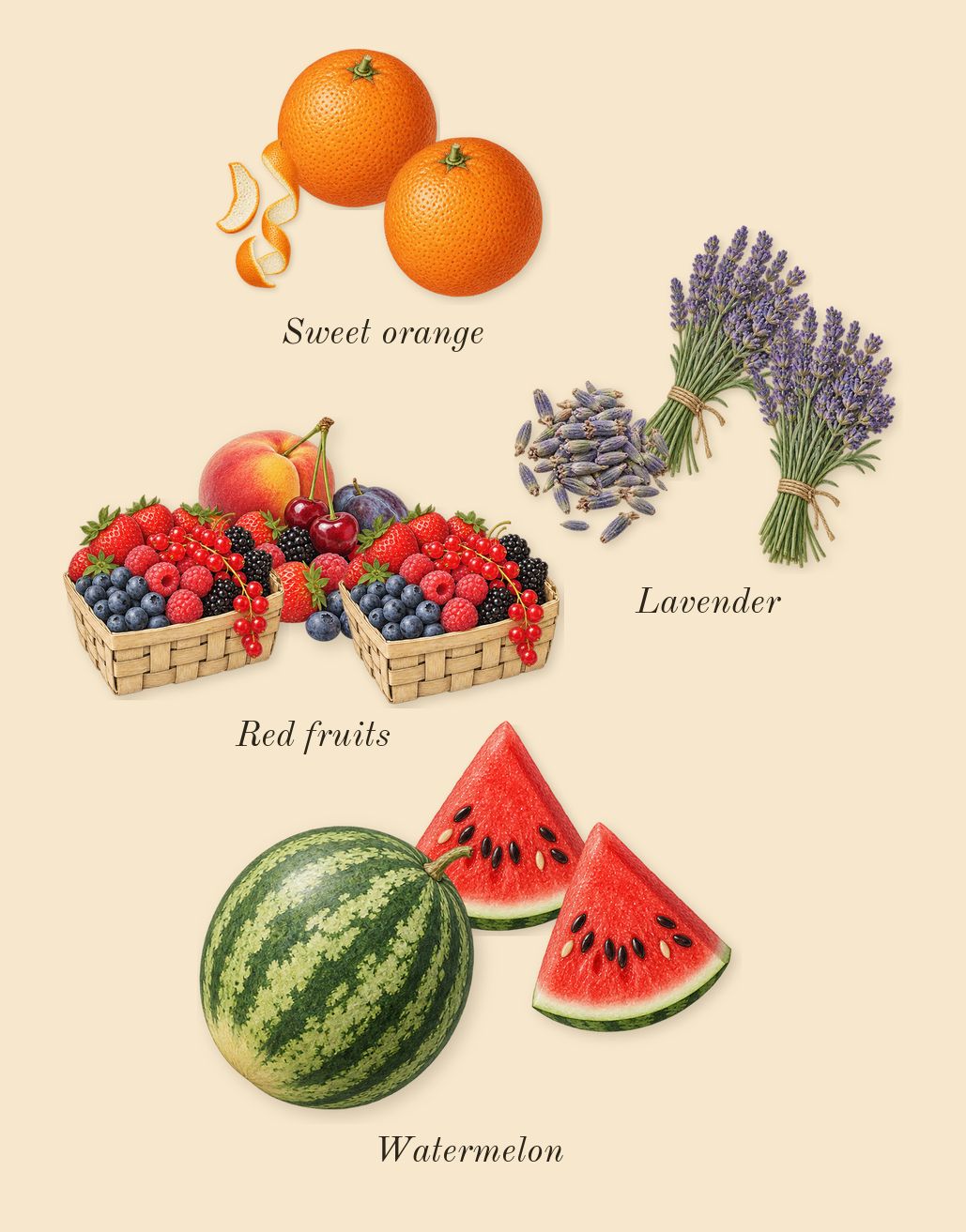 Kaaf, top notes: Red fruits, Watermelon, Lavender, Sweet orange