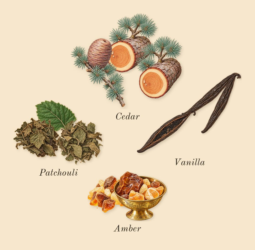 Amber Wood, dry-down: Patchouli, Amber, Cedar, Vanilla