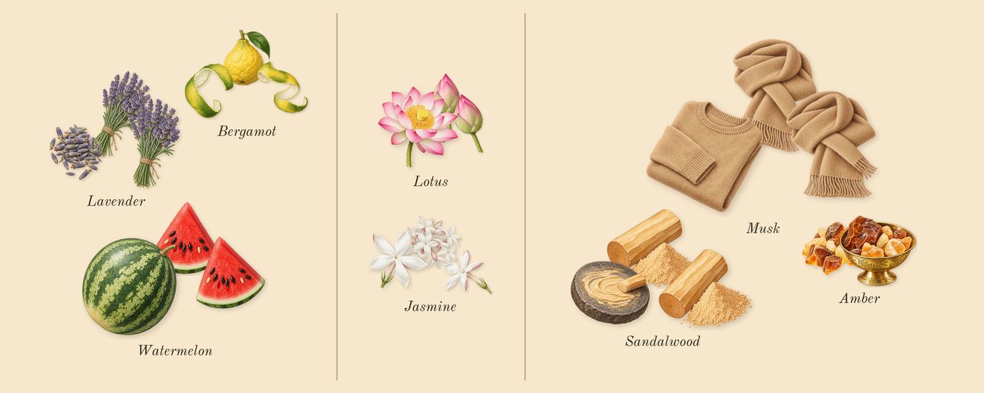 Blu’s scent picture, a draft: watermelon, lavender, bergamot, lotus, jasmine, musk drawn so far; dashed outlines where nothing is drawn yet