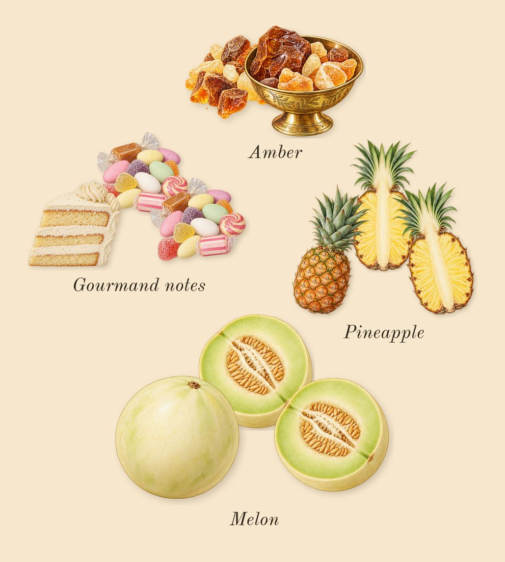 Amber Oud Gold Edition, heart: Melon, Pineapple, Gourmand notes, Amber