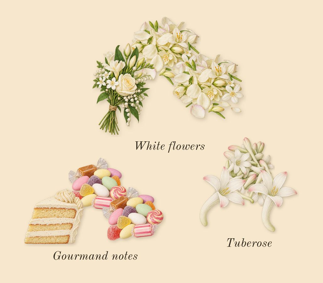 Zahara Amber Dubai, heart: White flowers, Tuberose, Gourmand notes