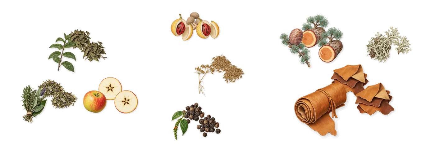 The Golden Secret’s scent picture, a draft: aromatic notes, mint, apple, nutmeg, black pepper, cumin drawn so far; dashed outlines where nothing is drawn yet