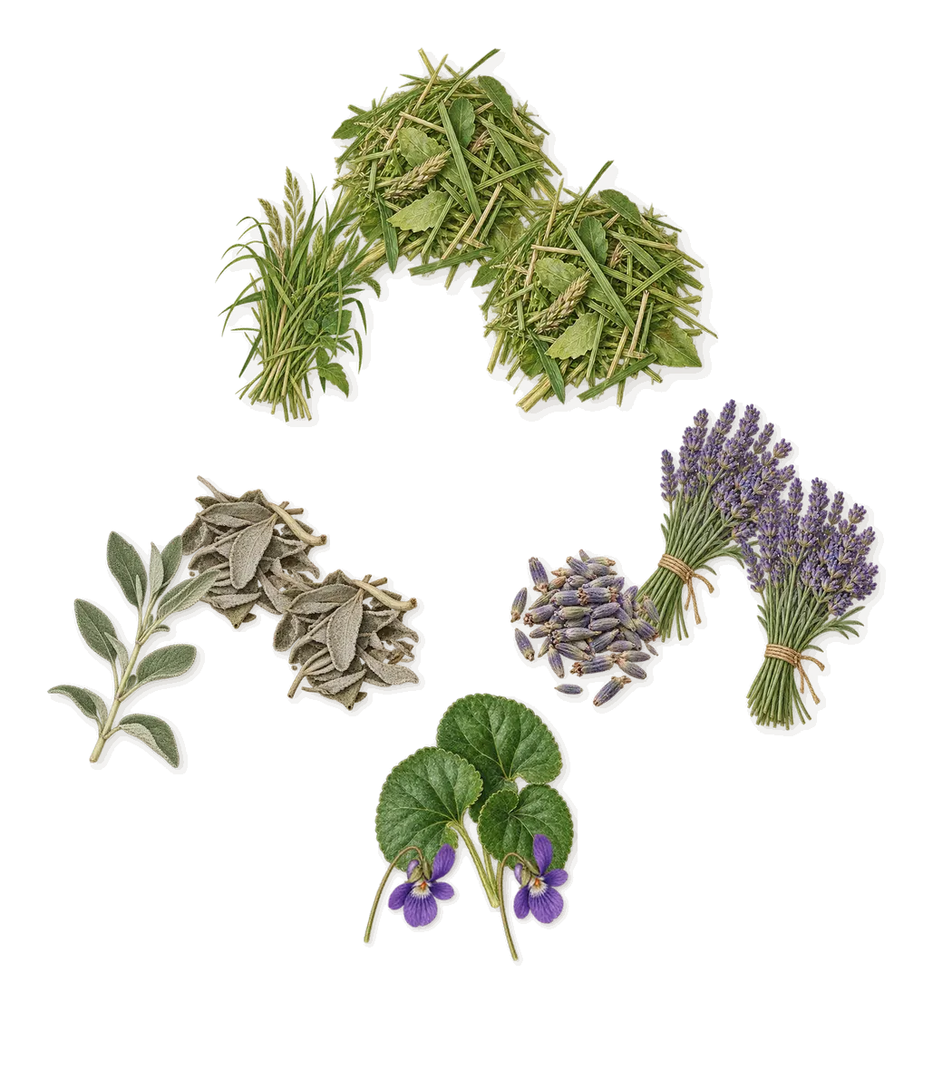 The Icon, as it settles: Aromatic green, Violet, Lavender, Sage