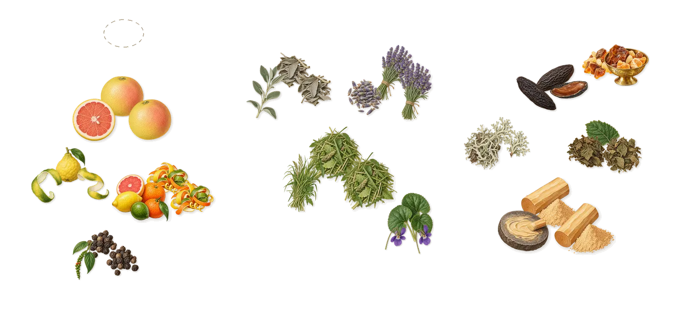 The Icon’s scent picture, a draft: zesty citrus, bergamot, grapefruit, aromatic green, violet, lavender drawn so far; dashed outlines where nothing is drawn yet