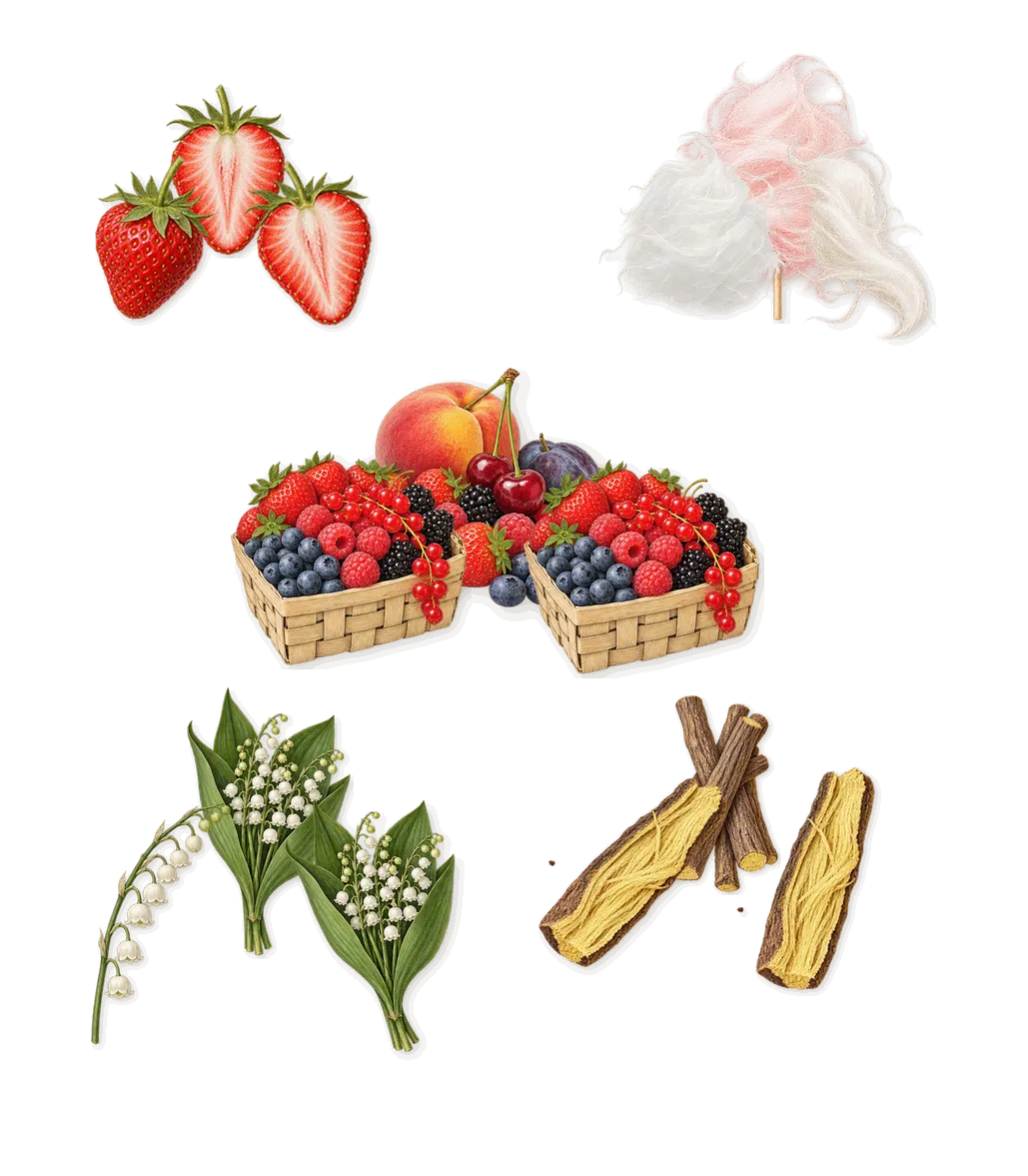 Pink Sugar, as it settles: Cotton candy, Liquorice, Strawberry, Red berries, Lily of the valley