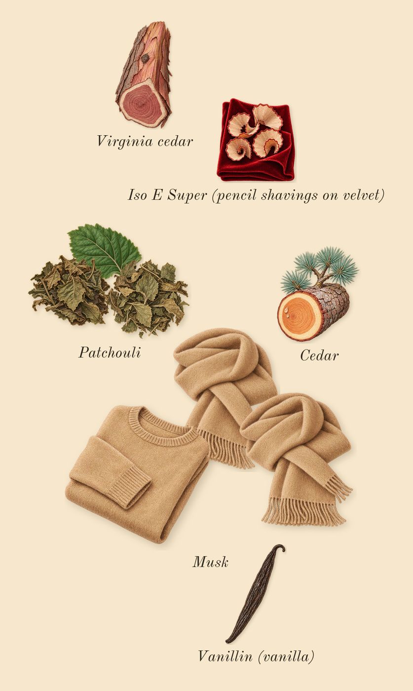 Madawi, dry-down: Patchouli, Musk, Virginia cedar, Cedar, Iso E Super (pencil shavings on velvet), Vanillin (vanilla)