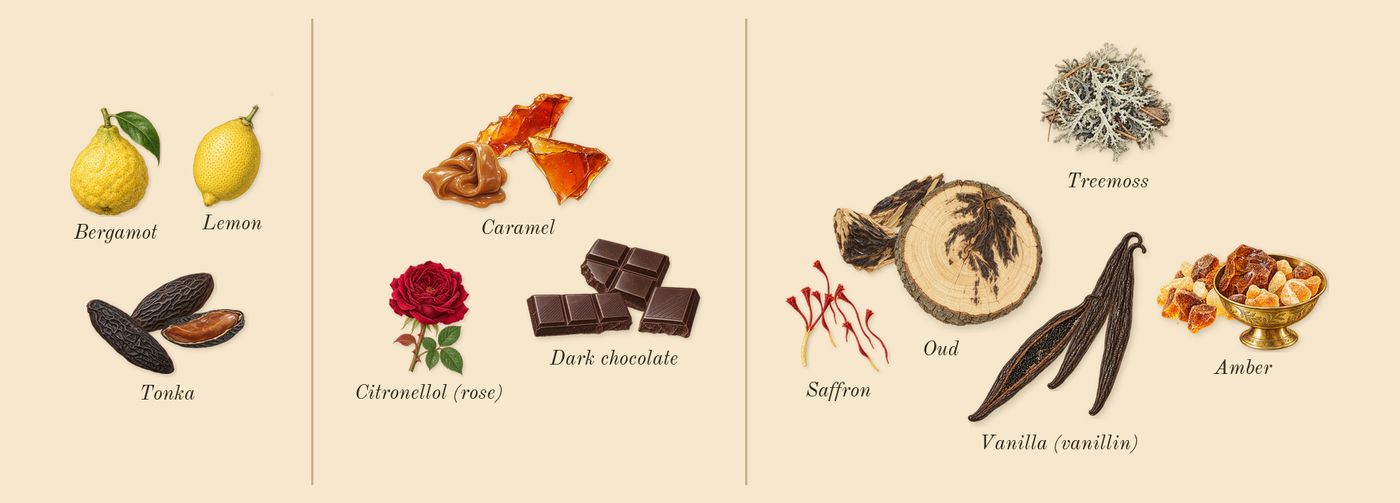 Resala’s scent picture, a draft: tonka, caramel, amber, vanilla (vanillin), saffron, oud drawn so far; dashed outlines where nothing is drawn yet