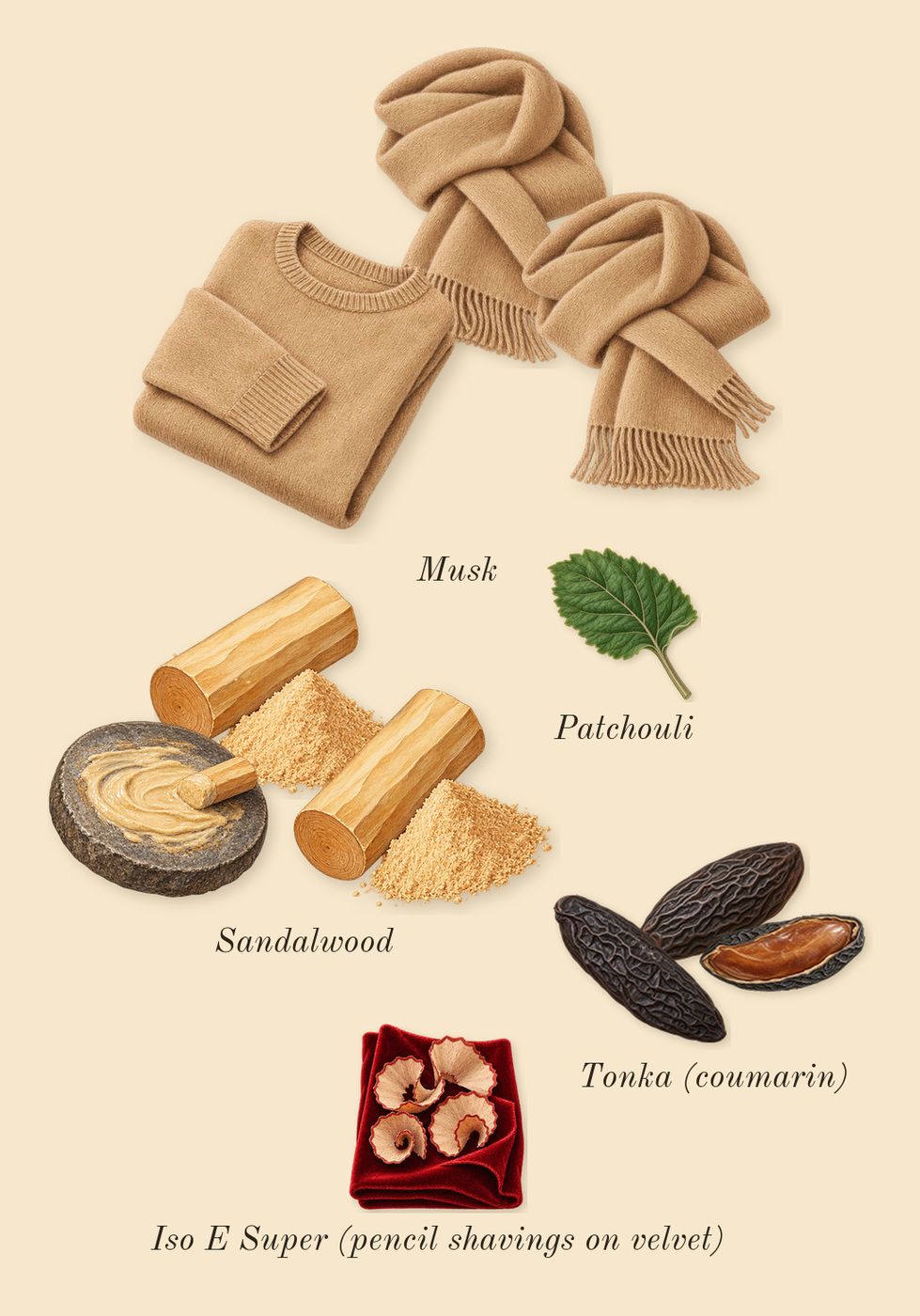 Sultani, dry-down: Musk, Sandalwood, Tonka (coumarin), Patchouli, Iso E Super (pencil shavings on velvet)