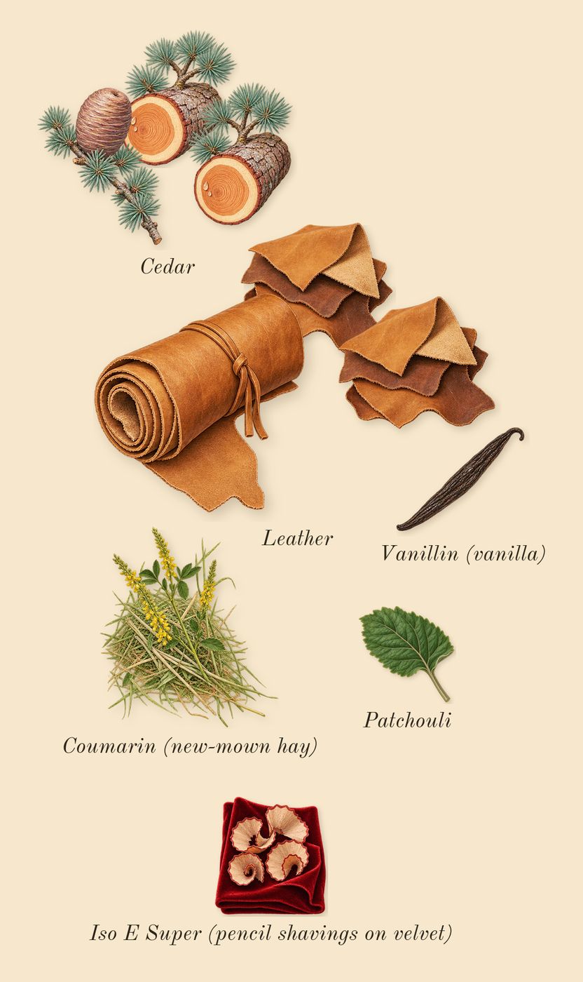 Taraf, dry-down: Leather, Cedar, Patchouli, Iso E Super (pencil shavings on velvet), Coumarin (new-mown hay), Vanillin (vanilla)