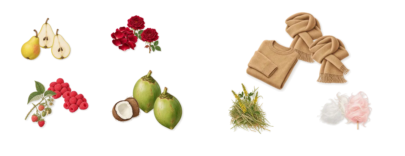 Thank U, Next’s scent picture, a draft: pear, raspberry, coconut, rose, macaroon sugar, velvet musk drawn so far; dashed outlines where nothing is drawn yet