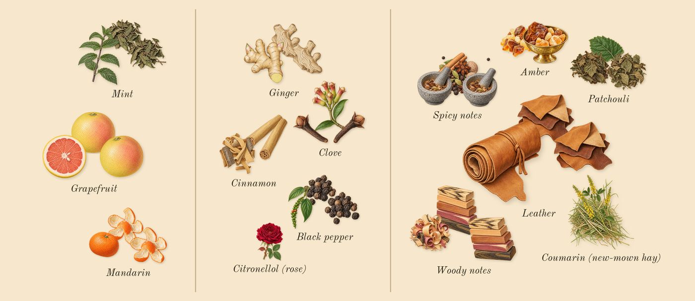 Club de Nuit Man’s scent picture, a draft: mandarin, grapefruit, mint, cinnamon, clove, ginger drawn so far; dashed outlines where nothing is drawn yet
