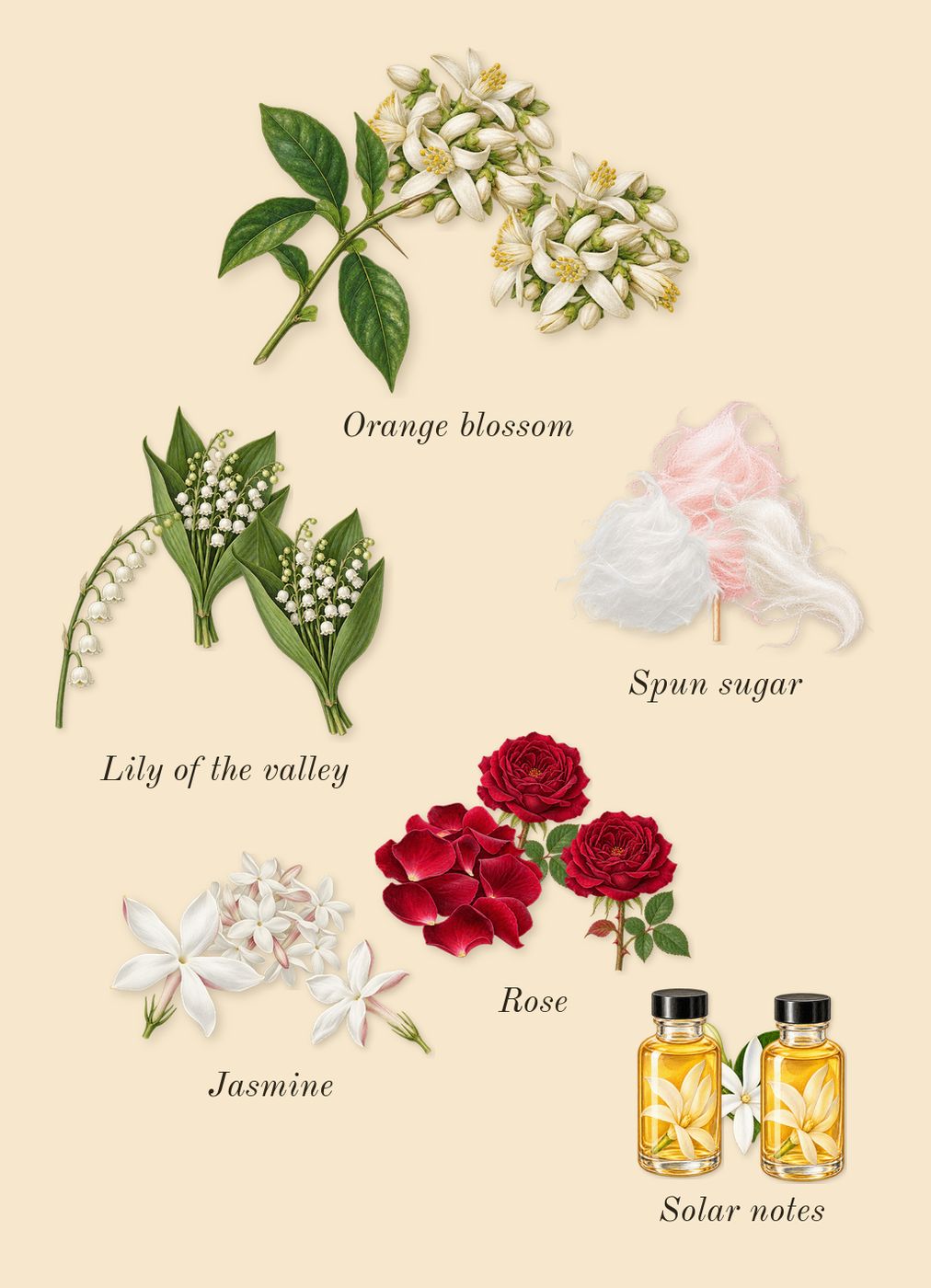 Odyssey French Kiss, heart: Rose, Jasmine, Orange blossom, Lily of the valley, Solar notes, Spun sugar