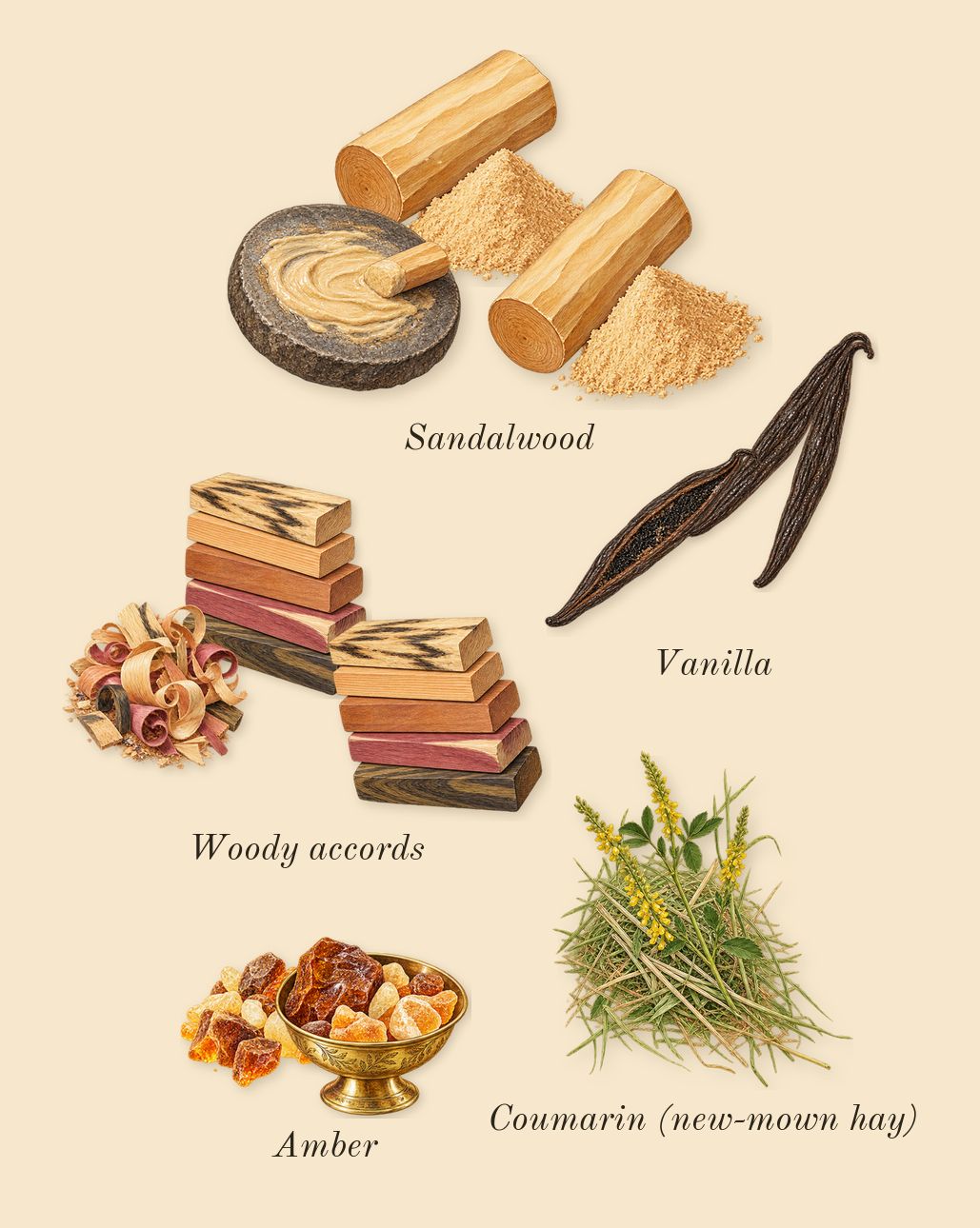 Odyssey Homme, dry-down: Sandalwood, Vanilla, Amber, Woody accords, Coumarin (new-mown hay)