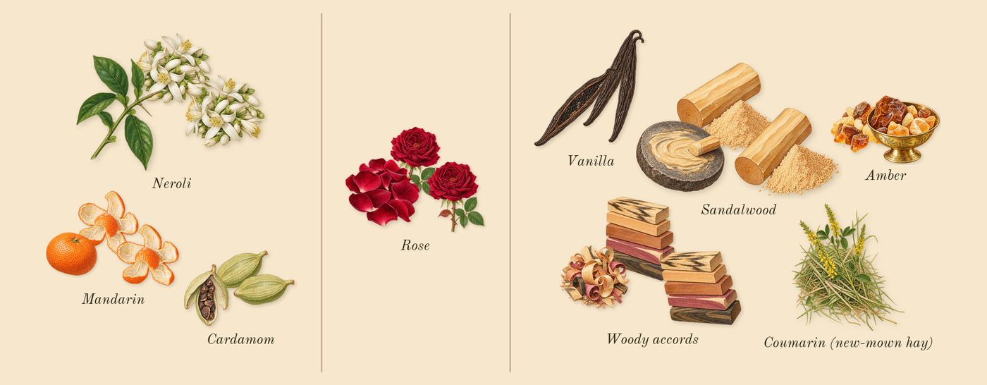 Odyssey Homme’s scent picture, a draft: mandarin, neroli, cardamom, rose, sandalwood, vanilla drawn so far; dashed outlines where nothing is drawn yet