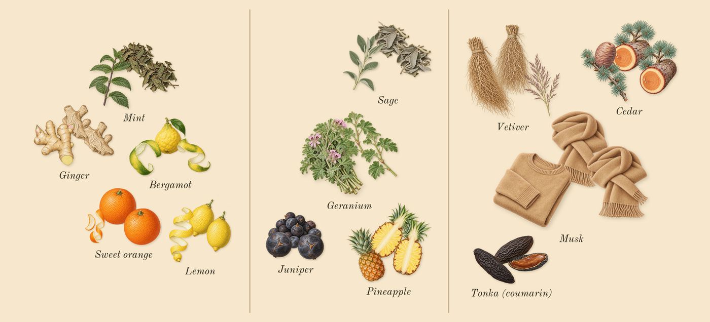 Odyssey Mega’s scent picture, a draft: ginger, bergamot, sweet orange, lemon, mint, pineapple drawn so far; dashed outlines where nothing is drawn yet