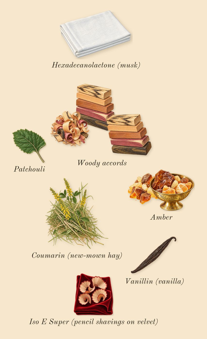 Acqua di Giò Intense, dry-down: Amber, Woody accords, Patchouli, Iso E Super (pencil shavings on velvet), Coumarin (new-mown hay), Vanillin (vanilla), Hexadecanolactone (musk)