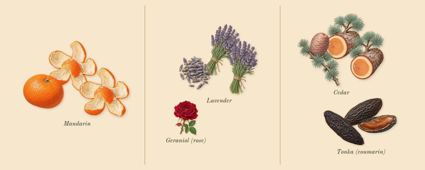 Code’s scent picture, a draft: mandarin, lavender, tonka (coumarin), cedar, geraniol (rose) drawn so far; dashed outlines where nothing is drawn yet
