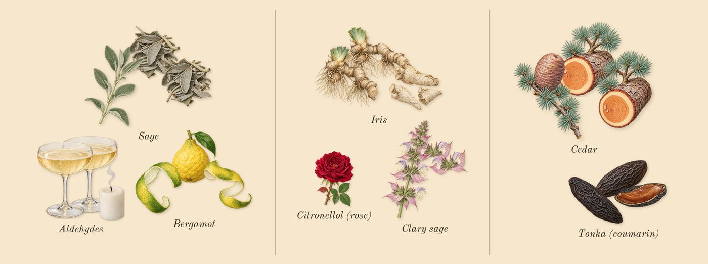 Code’s scent picture, a draft: bergamot, clary sage, iris, tonka (coumarin), cedar, sage drawn so far; dashed outlines where nothing is drawn yet