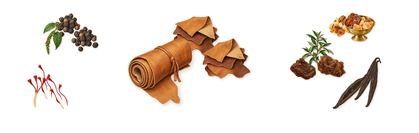 Cuir Doré’s scent picture, a draft: saffron, leather, vanilla, black pepper, labdanum, amber drawn so far; dashed outlines where nothing is drawn yet