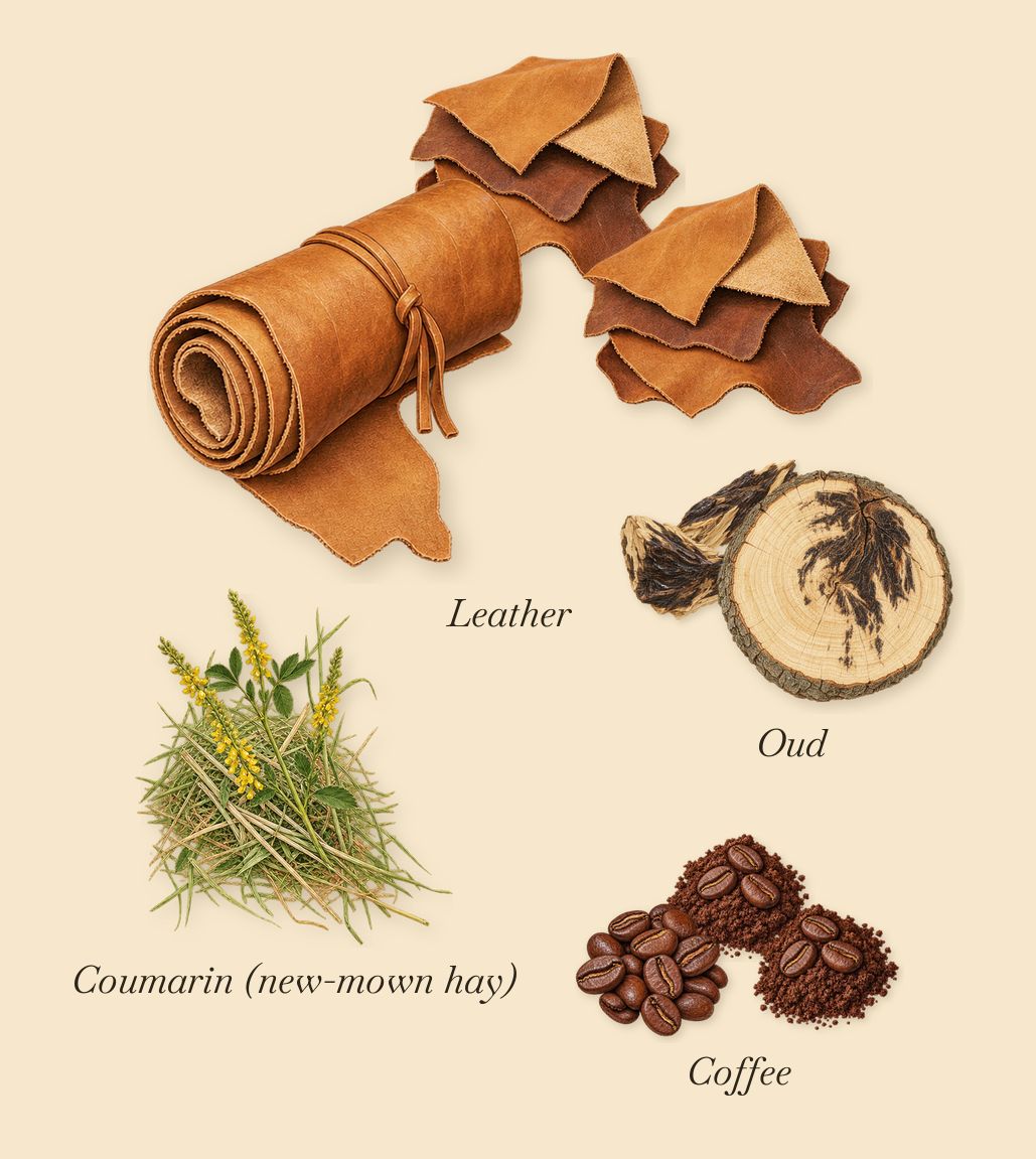 Cuir Nu, what stays: Leather, Coffee, Oud, Coumarin (new-mown hay)
