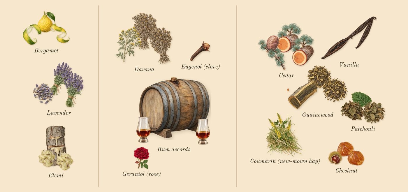 Stronger With You Absolutely’s scent picture, a draft: rum accords, cedar, vanilla, bergamot, lavender, elemi drawn so far; dashed outlines where nothing is drawn yet