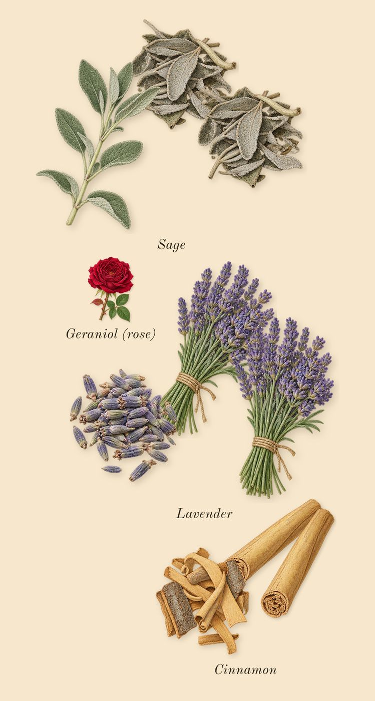 Stronger With You Intensely, heart: Lavender, Sage, Cinnamon, Geraniol (rose)