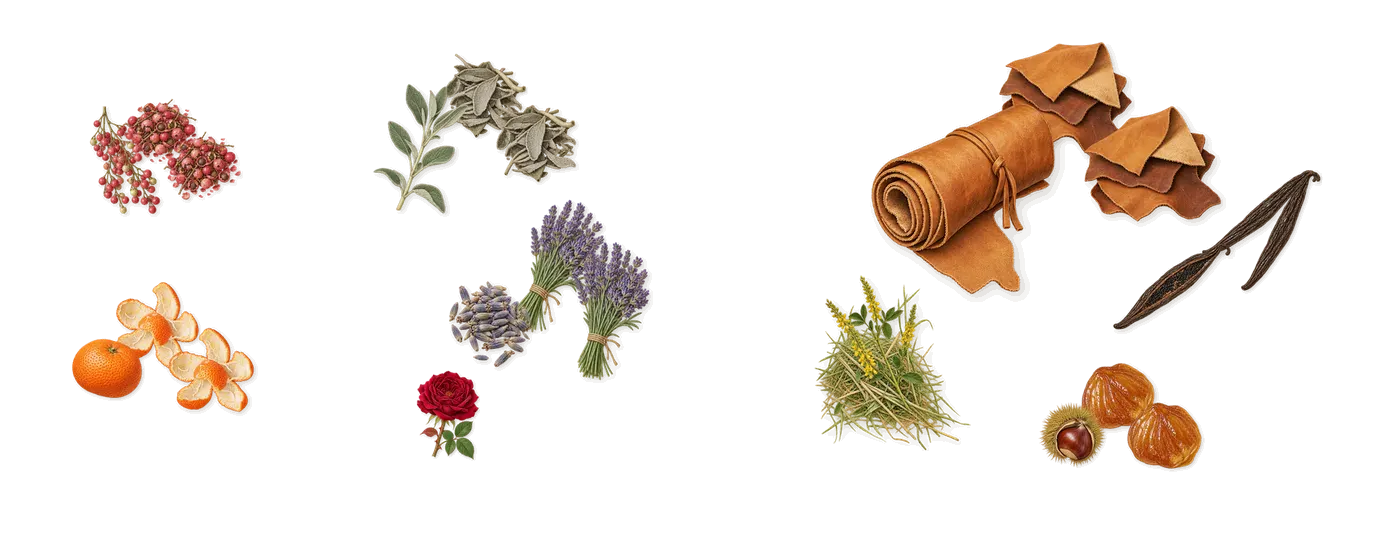Stronger With You’s scent picture, a draft: mandarin, pink pepper, lavender, sage, leather, vanilla drawn so far; dashed outlines where nothing is drawn yet