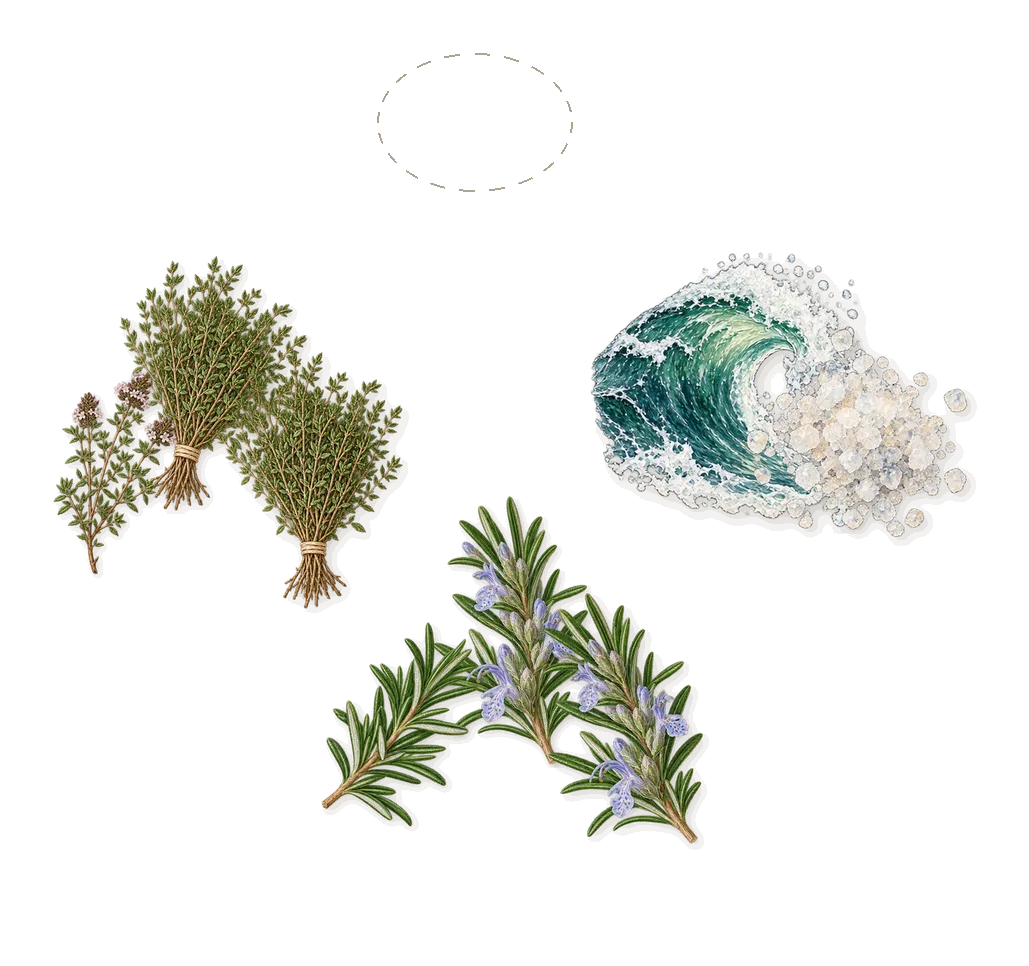 A Grove by the Sea, as it settles: Extra virgin olive, Thyme, Rosemary, Sea salt