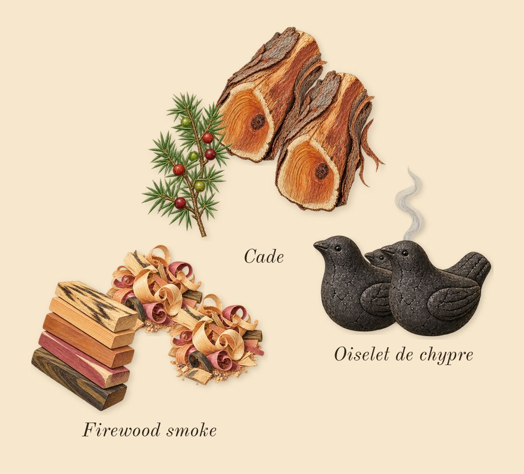 L'Or de Louis, dry-down: Firewood smoke, Cade, Oiselet de chypre