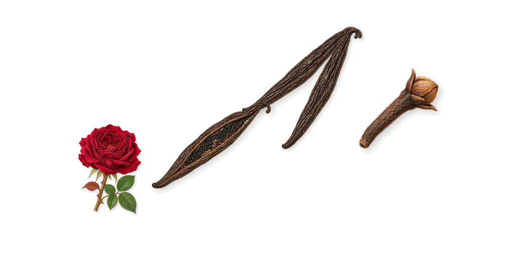 Schwarzes Herz, as it settles: Vanilla, Citronellol (rose), Isoeugenol (clove)