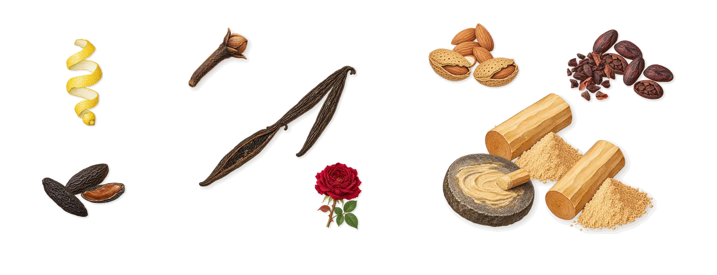 Schwarzes Herz’s scent picture, a draft: tonka (coumarin), vanilla, almond, cacao, sandalwood, citral (lemon) drawn so far; dashed outlines where nothing is drawn yet